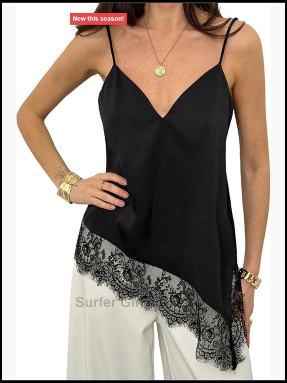 Womens Satin Camisole Lace Trim V Neck Sleeveless Flowy Top